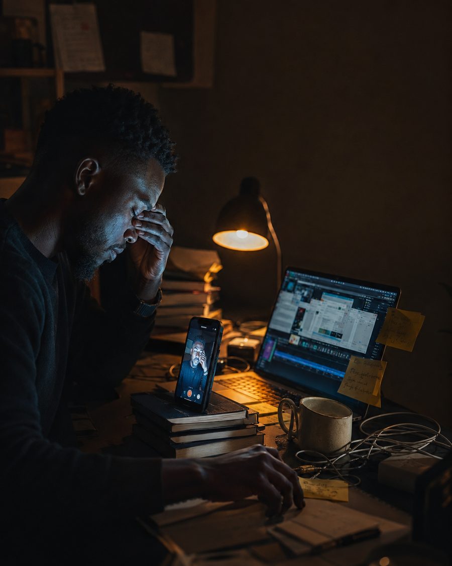 A founder sitting alone at a cluttered desk late at night, head in hand, exhausted while recording a video on a phone propped up next to an open laptop full of editing tabs