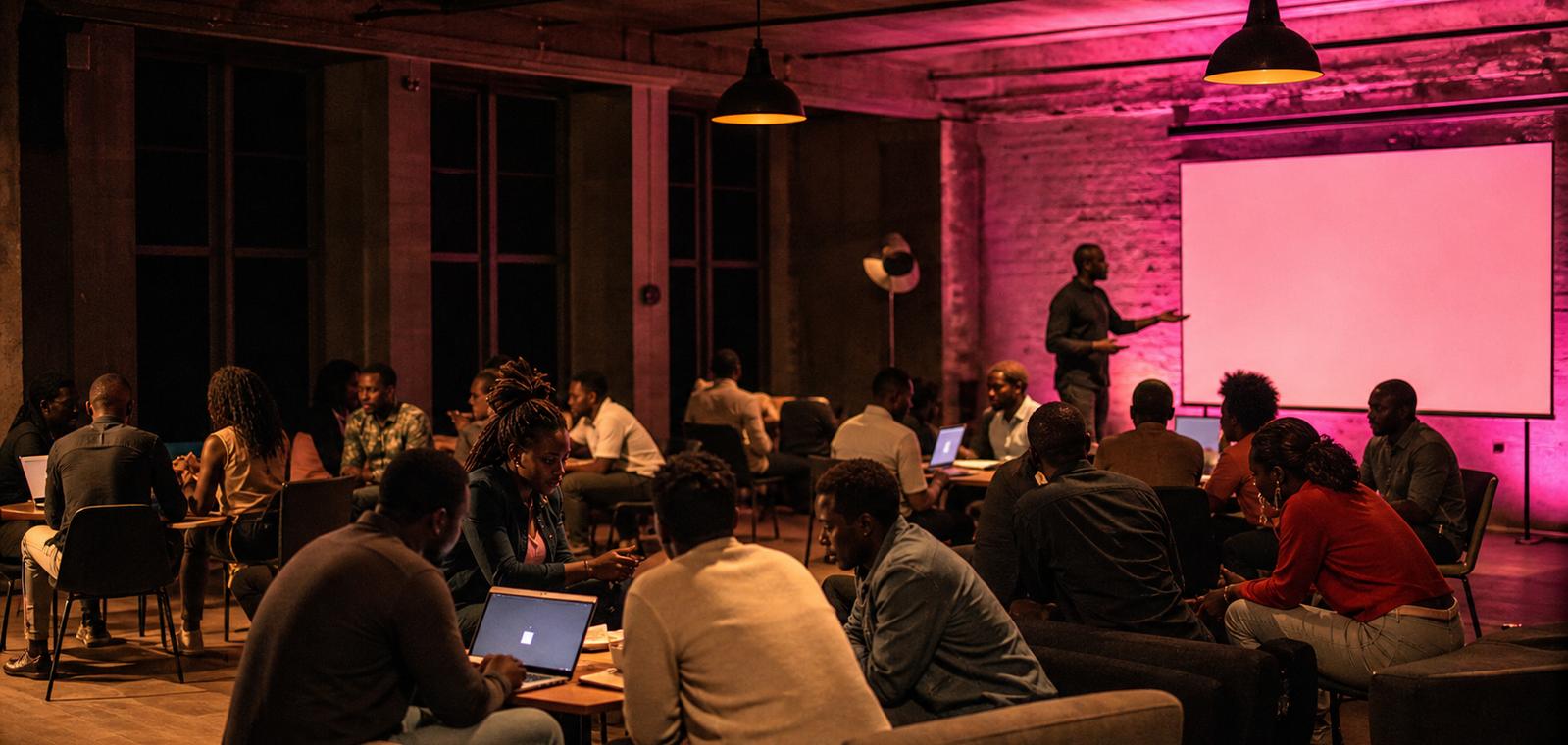 A presenter addressing a seated group of founders in a warmly lit, pink-washed industrial workshop space